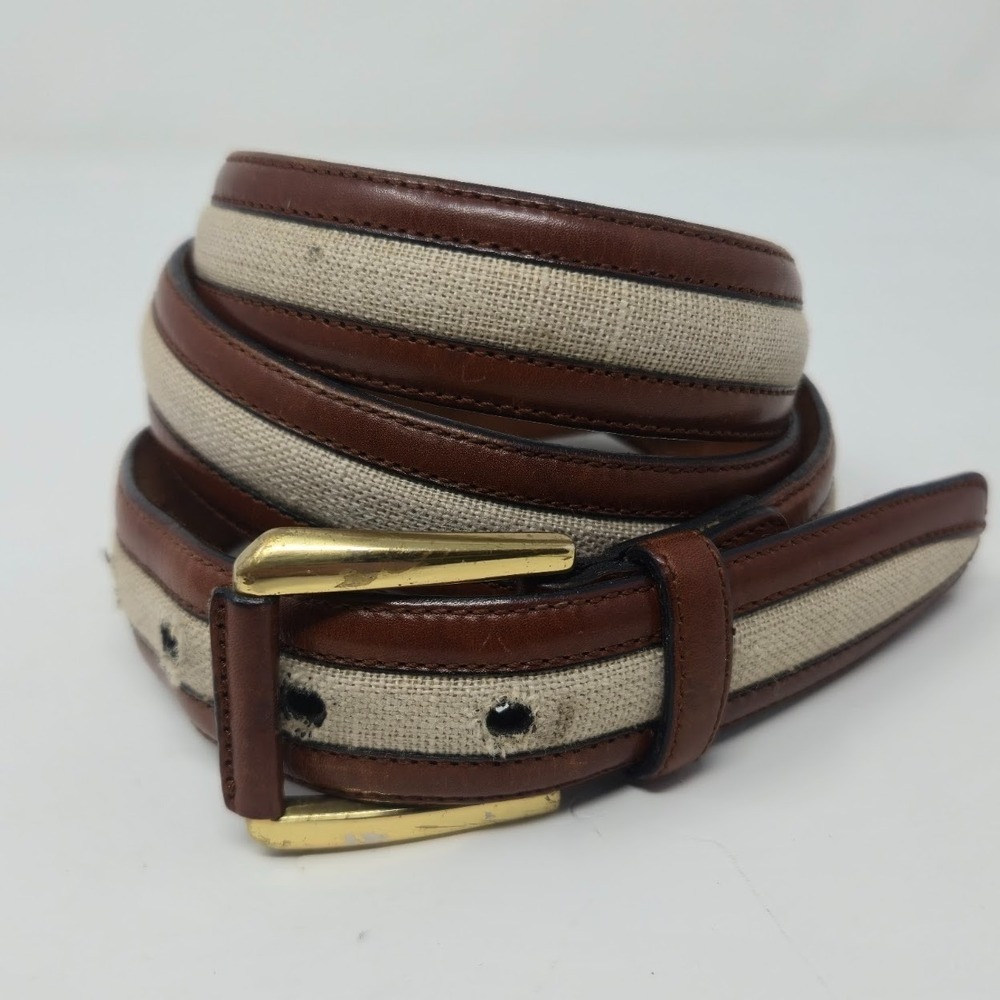 AS IS Saks Fifth Avenue Belt 38 M-3832 Spain Brown Leather Linen - MISSING PRONG